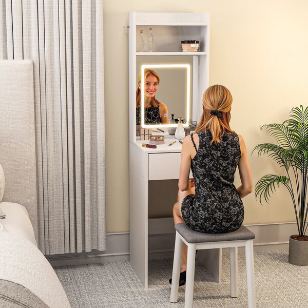 HOMCOM Small Vanity Desk with Mirror and LED Lights, Compact Dressing Table with Drop Leaf, Open Shelves and Drawer, White
