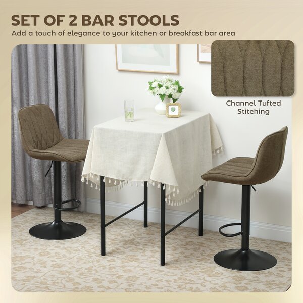 HOMCOM Set of Two Linen-Look Bar Stools, Cat Scratch Resistant, Brown Aosom UK