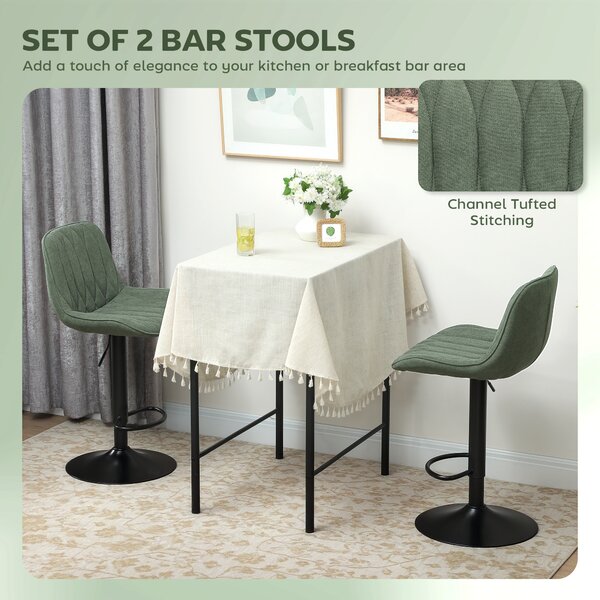 HOMCOM Breakfast Bar Stools Set of 2 Linen upholstery 60-80cm Adjustable Height 360°Swivel Bar Stools Suitable for Kitchen Island, Bars - Green