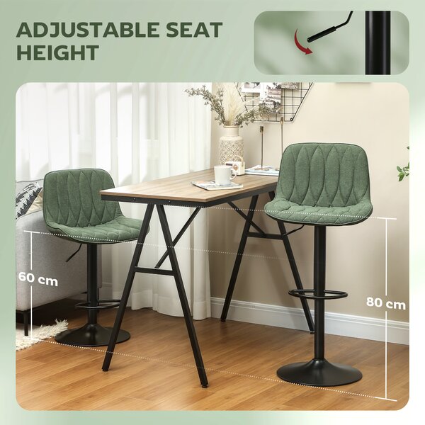 HOMCOM Breakfast Bar Stools Set of 2 Linen upholstery 60-80cm Adjustable Height 360°Swivel Bar Stools Suitable for Kitchen Island, Bars - Green