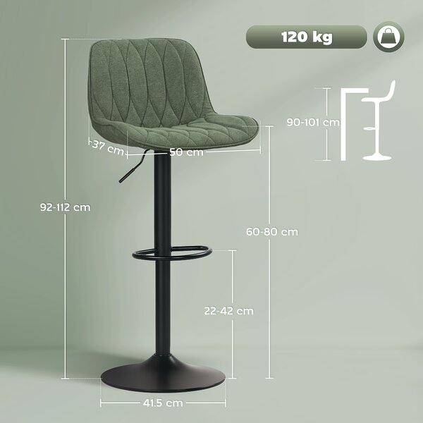HOMCOM Breakfast Bar Stools Set of 2 Linen upholstery 60-80cm Adjustable Height 360°Swivel Bar Stools Suitable for Kitchen Island, Bars - Green