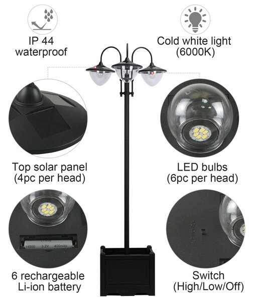 Outsunny 189cm 3-head Solar Lamp Post, Street Light with Planter, Automatic-on, 6 Hour Max Outdoor Ready LED Lighting, Black