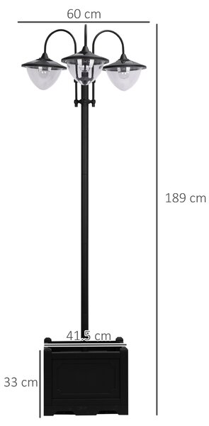 Outsunny 189cm 3-head Solar Lamp Post, Street Light with Planter, Automatic-on, 6 Hour Max Outdoor Ready LED Lighting, Black