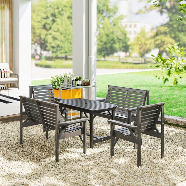 Outsunny 5 Piece Wooden Garden Dining Set for 6, Outdoor Conversation Set with 2 Armchairs, 2 Loveseats and Dining Table with Umbrella Hole for Patio, Balcony, Grey
