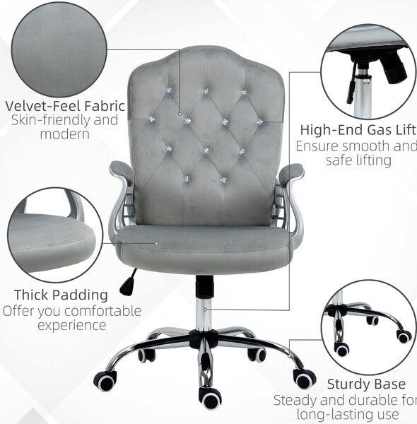 Vinsetto Velvet-Feel Work Chair, with Diamante Back - Grey