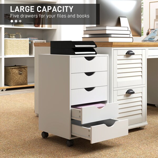 HOMCOM 5 Drawer Mobile Filing Cabinet, Vertical File Cabinet, Modern Rolling Office Storage Organizer Cupboard, White
