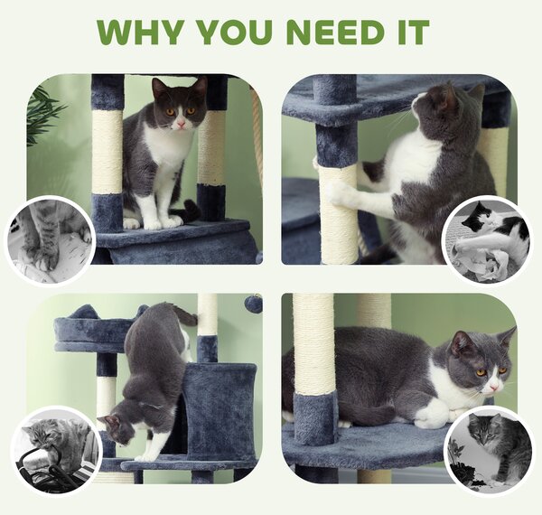 PawHut 206cm Cat Tree, Multi-Level Cat Tower with Scratching Posts and Board, Beds, Condos, Platforms, Toy Balls, Dark Grey