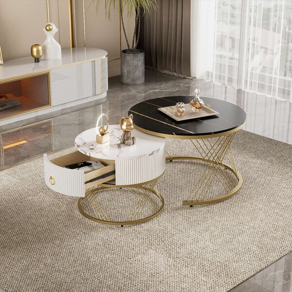 Elegant Nesting Coffee Table Set, Marble Look with Gold Decor, Side Tables for Living Room with Drawers, 70x70x45 cm + 50x50x40 cm, Black Aosom.UK