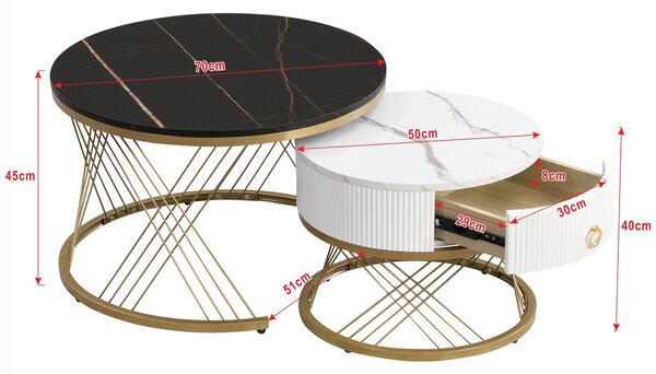 Elegant Nesting Coffee Table Set, Marble Look with Gold Decor, Side Tables for Living Room with Drawers, 70x70x45 cm + 50x50x40 cm, Black Aosom.UK