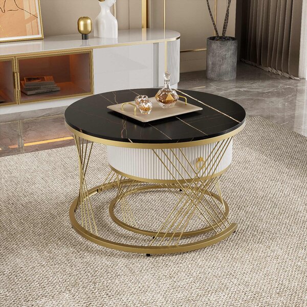 Elegant Nesting Coffee Table Set, Marble Look with Gold Decor, Side Tables for Living Room with Drawers, 70x70x45 cm + 50x50x40 cm, Black Aosom.UK