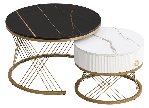 Elegant Nesting Coffee Table Set, Marble Look with Gold Decor, Side Tables for Living Room with Drawers, 70x70x45 cm + 50x50x40 cm, Black Aosom.UK