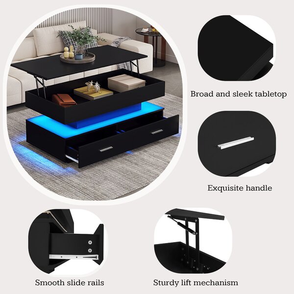 Hydraulic Lift Top Coffee Table with LED Lighting, 2 Drawers, Cocktail Table with Storage Space, for Sofa Side, 100L x 50W x 44H cm, Black Aosom.UK