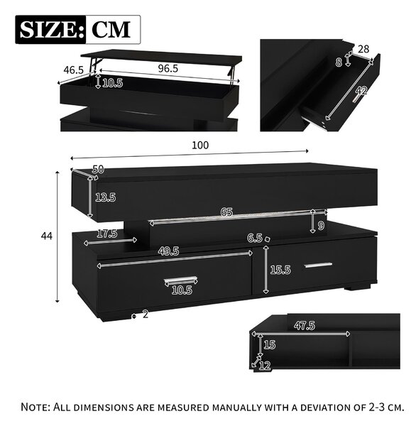 Hydraulic Lift Top Coffee Table with LED Lighting, 2 Drawers, Cocktail Table with Storage Space, for Sofa Side, 100L x 50W x 44H cm, Black Aosom.UK