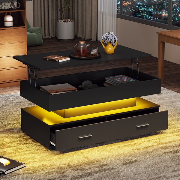 Hydraulic Lift Top Coffee Table with LED Lighting, 2 Drawers, Cocktail Table with Storage Space, for Sofa Side, 100L x 50W x 44H cm, Black Aosom.UK