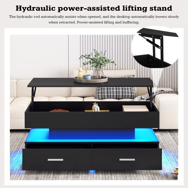 Hydraulic Lift Top Coffee Table with LED Lighting, 2 Drawers, Cocktail Table with Storage Space, for Sofa Side, 100L x 50W x 44H cm, Black Aosom.UK