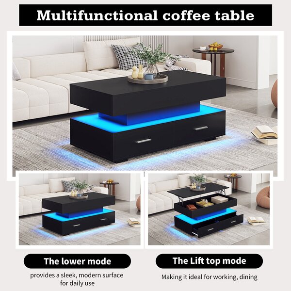 Hydraulic Lift Top Coffee Table with LED Lighting, 2 Drawers, Cocktail Table with Storage Space, for Sofa Side, 100L x 50W x 44H cm, Black Aosom.UK