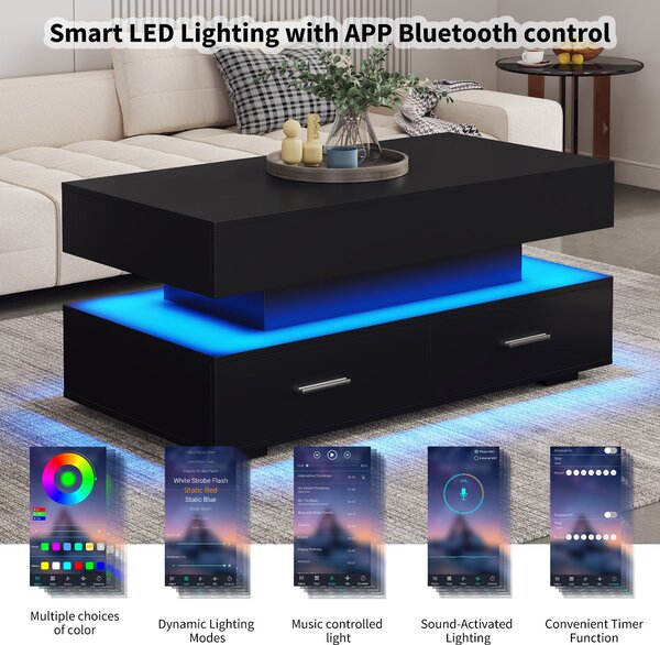 Hydraulic Lift Top Coffee Table with LED Lighting, 2 Drawers, Cocktail Table with Storage Space, for Sofa Side, 100L x 50W x 44H cm, Black Aosom.UK