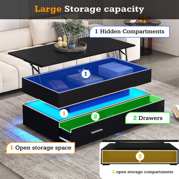 Hydraulic Lift Top Coffee Table with LED Lighting, 2 Drawers, Cocktail Table with Storage Space, for Sofa Side, 100L x 50W x 44H cm, Black Aosom.UK