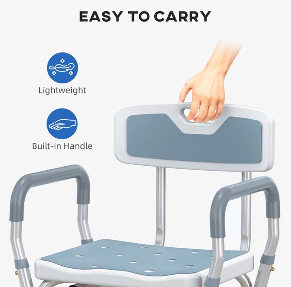 HOMCOM EVA Padded Bath Stool with Back and Arms, 4 Suction Foot Pads, Height Adjustable Shower Chair, Light Blue Aosom UK