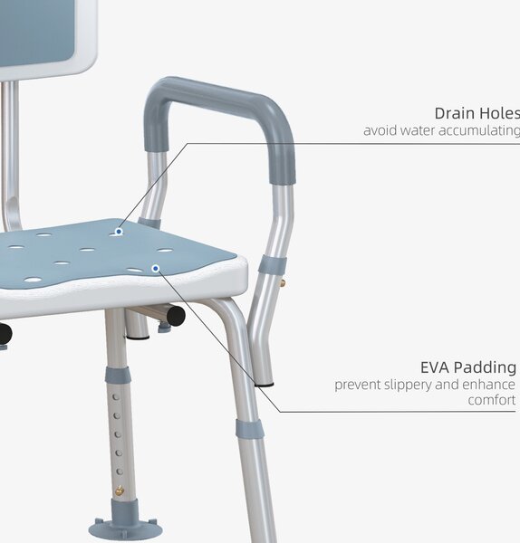 HOMCOM EVA Padded Bath Stool with Back and Arms, 4 Suction Foot Pads, Height Adjustable Shower Chair, Light Blue Aosom UK