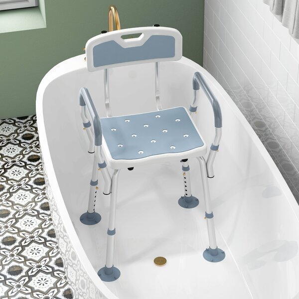 HOMCOM EVA Padded Bath Stool with Back and Arms, 4 Suction Foot Pads, Height Adjustable Shower Chair, Light Blue Aosom UK