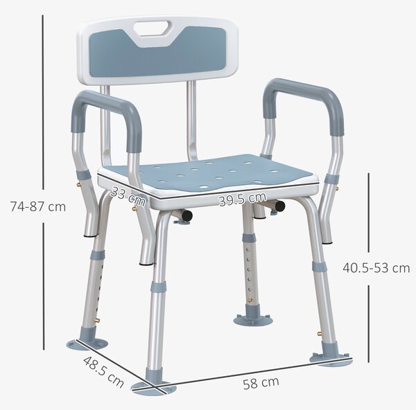 HOMCOM EVA Padded Bath Stool with Back and Arms, 4 Suction Foot Pads, Height Adjustable Shower Chair, Light Blue Aosom UK