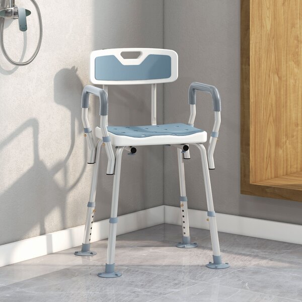 HOMCOM EVA Padded Bath Stool with Back and Arms, 4 Suction Foot Pads, Height Adjustable Shower Chair, Light Blue Aosom UK
