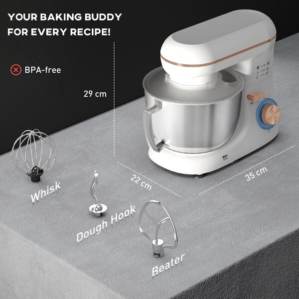 HOMCOM 1300W Kitchen Stand Mixer, with Accessories - White