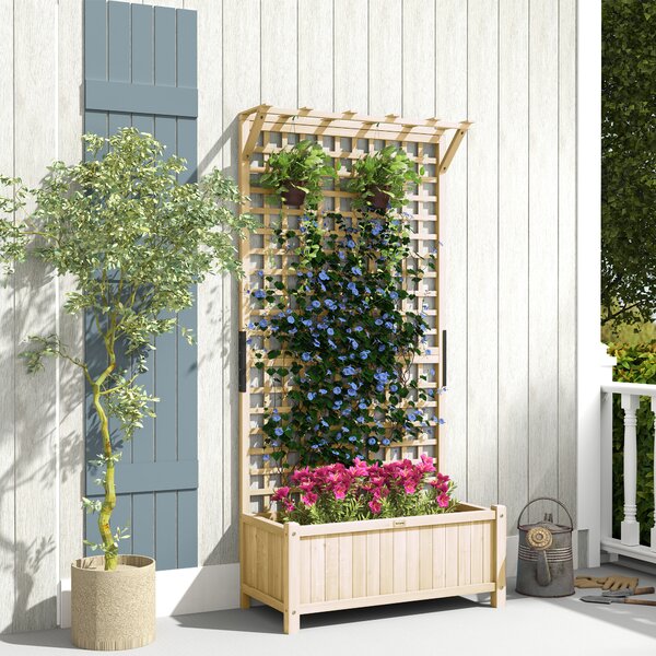 Outsunny Raised Garden Bed with Trellis, Wooden Planter Box with Drainage Holes for Climbing Plants, Outdoor Vertical Garden Planter, Natural Aosom UK