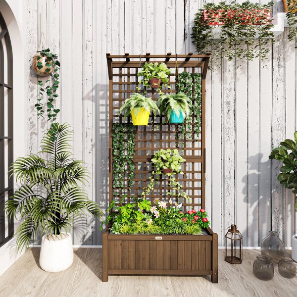 Outsunny Planter Box, Trellis Raised Bed for Vine Climbing, Raised Garden Bed, Privacy Screen for Backyard, Patio Aosom UK