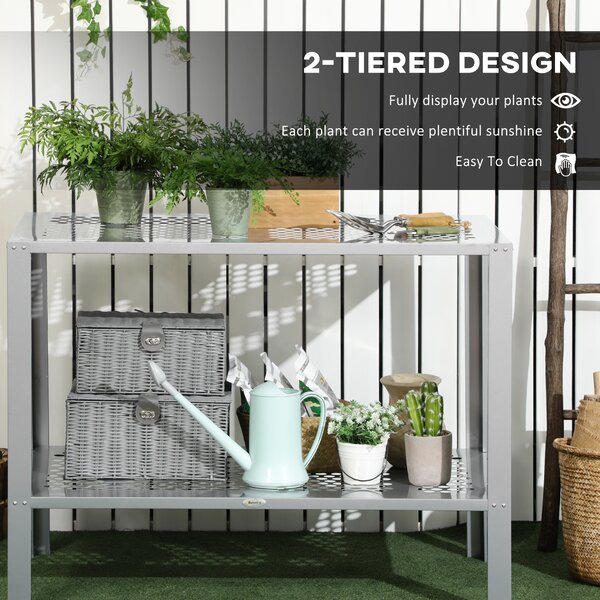 Outsunny 2-Tier Plant Stand, Corner Plant Shelf for Outdoor and Indoor Storage Organizer, Freestanding Flower Rack w/Steel Frame, Silver Aosom UK