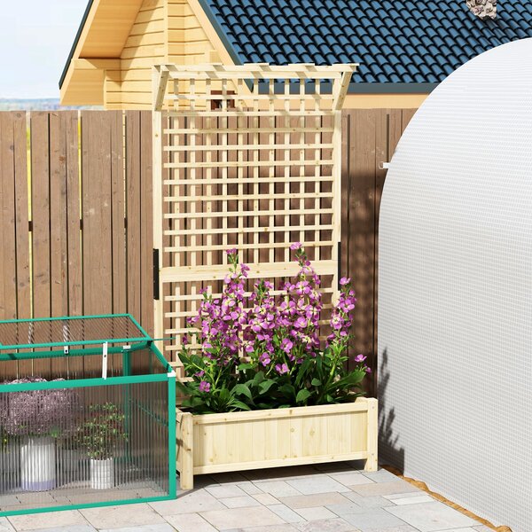 Outsunny Raised Garden Bed with Trellis, Wooden Planter Box with Drainage Holes for Climbing Plants, Outdoor Vertical Garden Planter, Natural Aosom UK