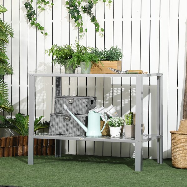 Outsunny 2-Tier Plant Stand, Corner Plant Shelf for Outdoor and Indoor Storage Organizer, Freestanding Flower Rack w/Steel Frame, Silver Aosom UK