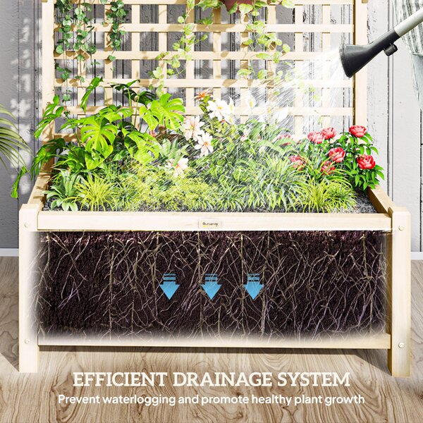 Outsunny Raised Garden Bed with Trellis, Wooden Planter Box with Drainage Holes for Climbing Plants, Outdoor Vertical Garden Planter, Natural Aosom UK