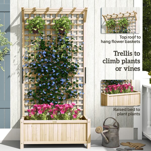 Outsunny Raised Garden Bed with Trellis, Wooden Planter Box with Drainage Holes for Climbing Plants, Outdoor Vertical Garden Planter, Natural Aosom UK