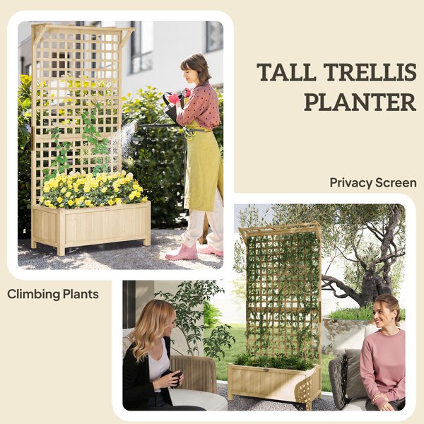 Outsunny Raised Garden Bed with Trellis, Wooden Planter Box with Drainage Holes for Climbing Plants, Outdoor Vertical Garden Planter, Natural Aosom UK