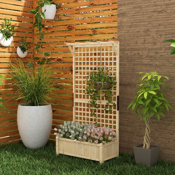 Outsunny Raised Garden Bed with Trellis, Wooden Planter Box with Drainage Holes for Climbing Plants, Outdoor Vertical Garden Planter, Natural Aosom UK