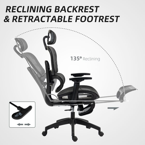 HOMCOM Recliner Office Chair, Executive Office Chair with Lumbar Support, Armrest, Headrest & Footrest for Study and Office, Black Aosom UK