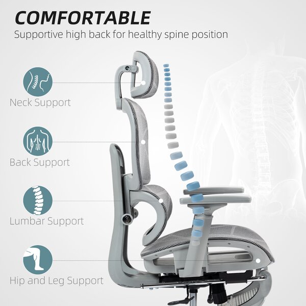 HOMCOM Executive Office Chair, Ergonomic Mesh High Back Desk Chair with Reclining Function, Swivel Computer Chair with Armrest, Footrest, Grey