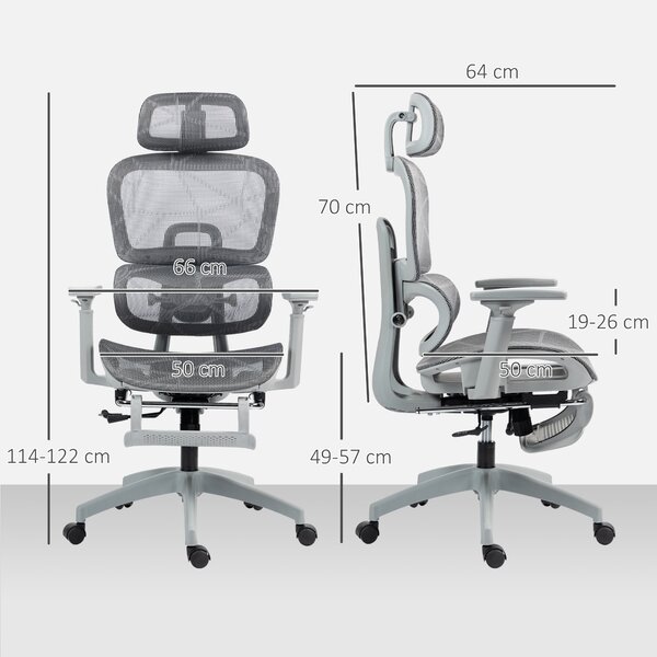 HOMCOM Executive Office Chair, Ergonomic Mesh High Back Desk Chair with Reclining Function, Swivel Computer Chair with Armrest, Footrest, Grey