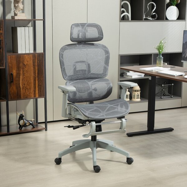 HOMCOM Executive Office Chair, Ergonomic Mesh High Back Desk Chair with Reclining Function, Swivel Computer Chair with Armrest, Footrest, Grey
