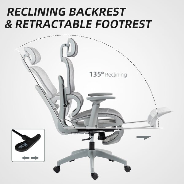 HOMCOM Executive Office Chair, Ergonomic Mesh High Back Desk Chair with Reclining Function, Swivel Computer Chair with Armrest, Footrest, Grey