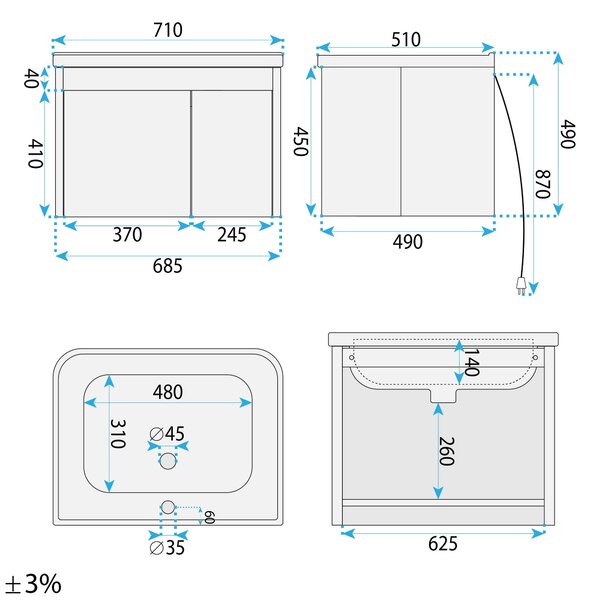Bathroom furniture set with washbasin DE07-70 Oak 70CM