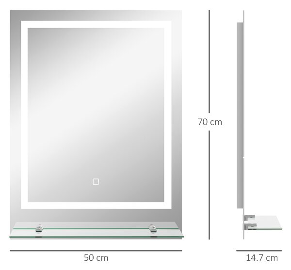 Kleankin Illuminated LED Vanity Mirror: Smart Touch Anti-Fog Makeup Mirror with Shelf, 3 Colour Settings, 70x50cm Aosom UK