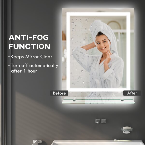 Kleankin Illuminated LED Vanity Mirror: Smart Touch Anti-Fog Makeup Mirror with Shelf, 3 Colour Settings, 70x50cm Aosom UK