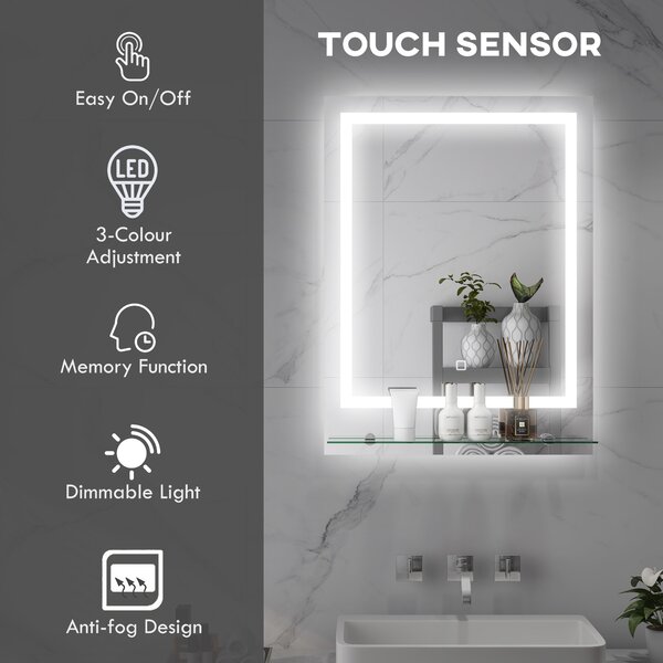 Kleankin Illuminated LED Vanity Mirror: Smart Touch Anti-Fog Makeup Mirror with Shelf, 3 Colour Settings, 70x50cm Aosom UK