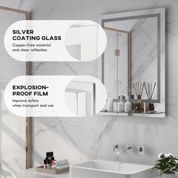 Kleankin Illuminated LED Vanity Mirror: Smart Touch Anti-Fog Makeup Mirror with Shelf, 3 Colour Settings, 70x50cm Aosom UK