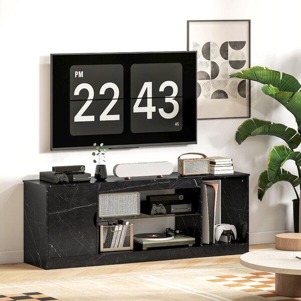 HOMCOM TV Stand Cabinet, Marble Effect TV Unit for up to 55" TVs with Glass Shelf and Storage Cabinet, Entertainment Unit for Living Room, Bedroom, Black
