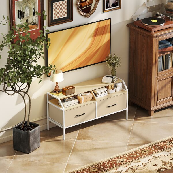 HOMCOM TV Stand Cabinet, TV Unit for 55-inch TVs with 2 Foldable Fabric Drawers, 5 Divided Side Pockets, Open Shelves, Console Table for Living Room, Bedroom, Entertainment Room, Natural Wood Finish