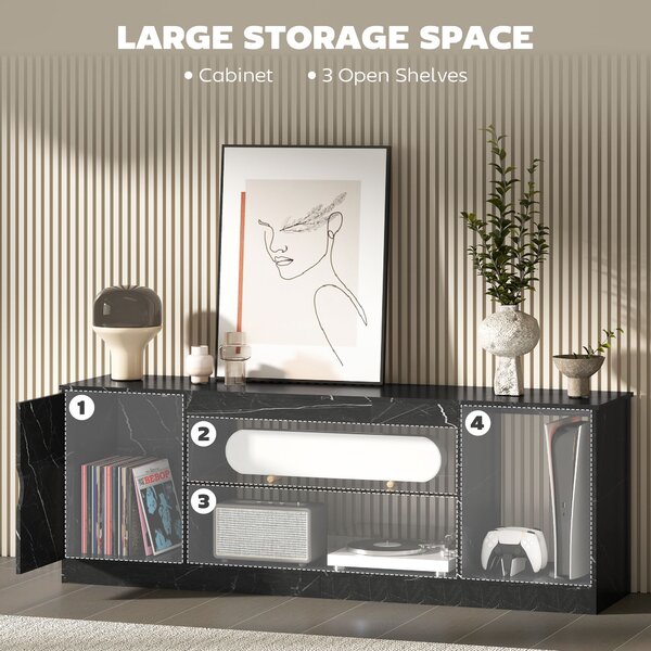 HOMCOM TV Stand Cabinet, Marble Effect TV Unit for up to 55" TVs with Glass Shelf and Storage Cabinet, Entertainment Unit for Living Room, Bedroom, Black